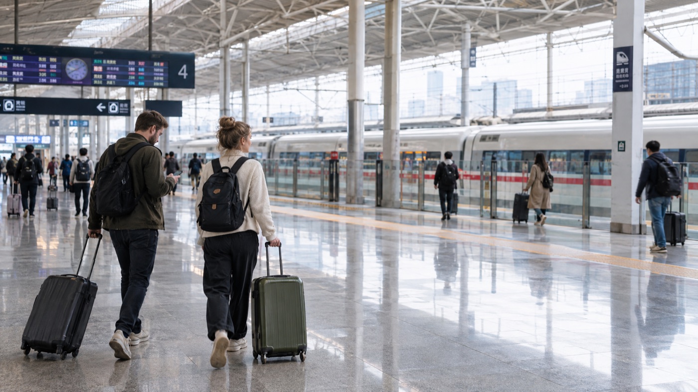 Pareja extranjera con maletas en una estación china de alta velocidad