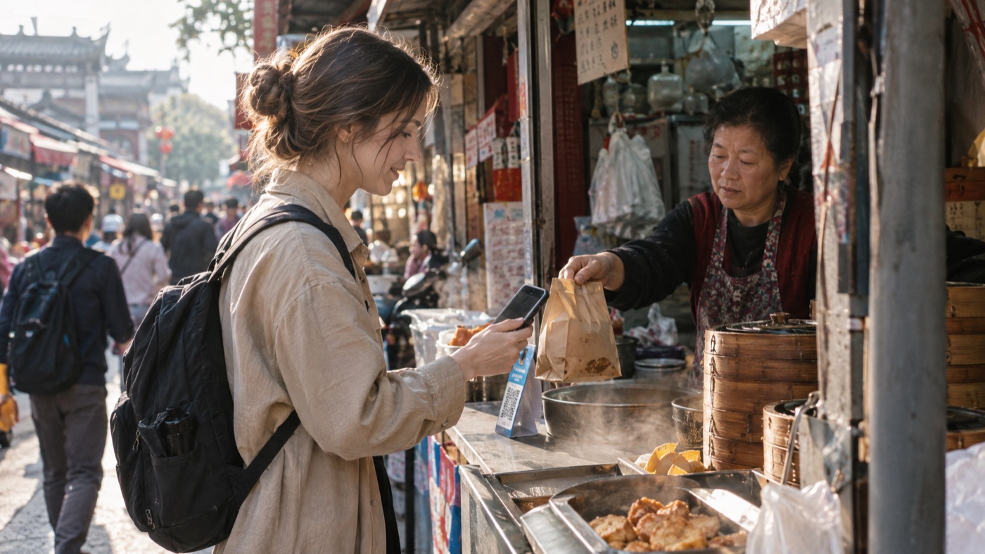 Viajera extranjera pagando en un puesto de comida callejera en China